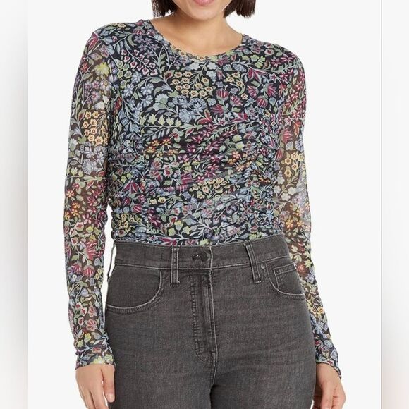 BcbgMaxAzria Fitted Floral Long Sleeve Ruched Top Size Small - Picture 1 of 7